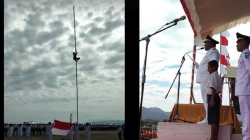 Pahlawan Kecil Dari Motaain: Seorang Anak Panjat Tiang Bendera Saat Upacara Kemerdekaan RI ke-73
