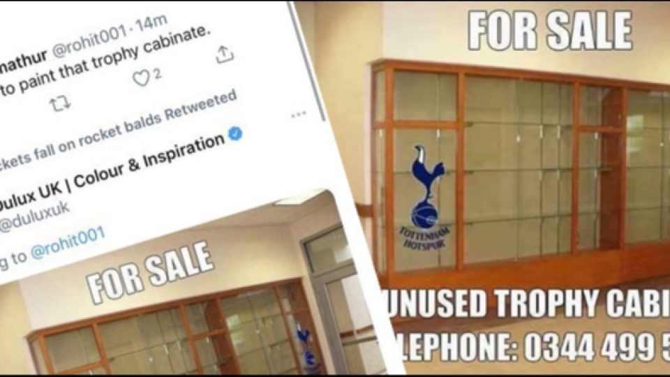 Dulux Unggah Meme Lemari Trofi Kosong, Tottenham Balas Meme Dulux Hapus Twit I Love Arsenal